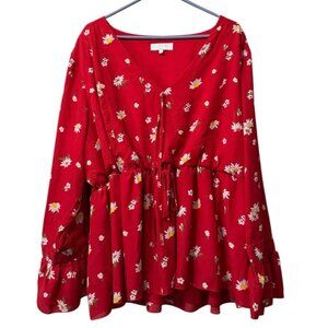 Lovedrobe Women Size 24  Tiered Long Sleeve‎ Top Floral Red Boho Hippie City
